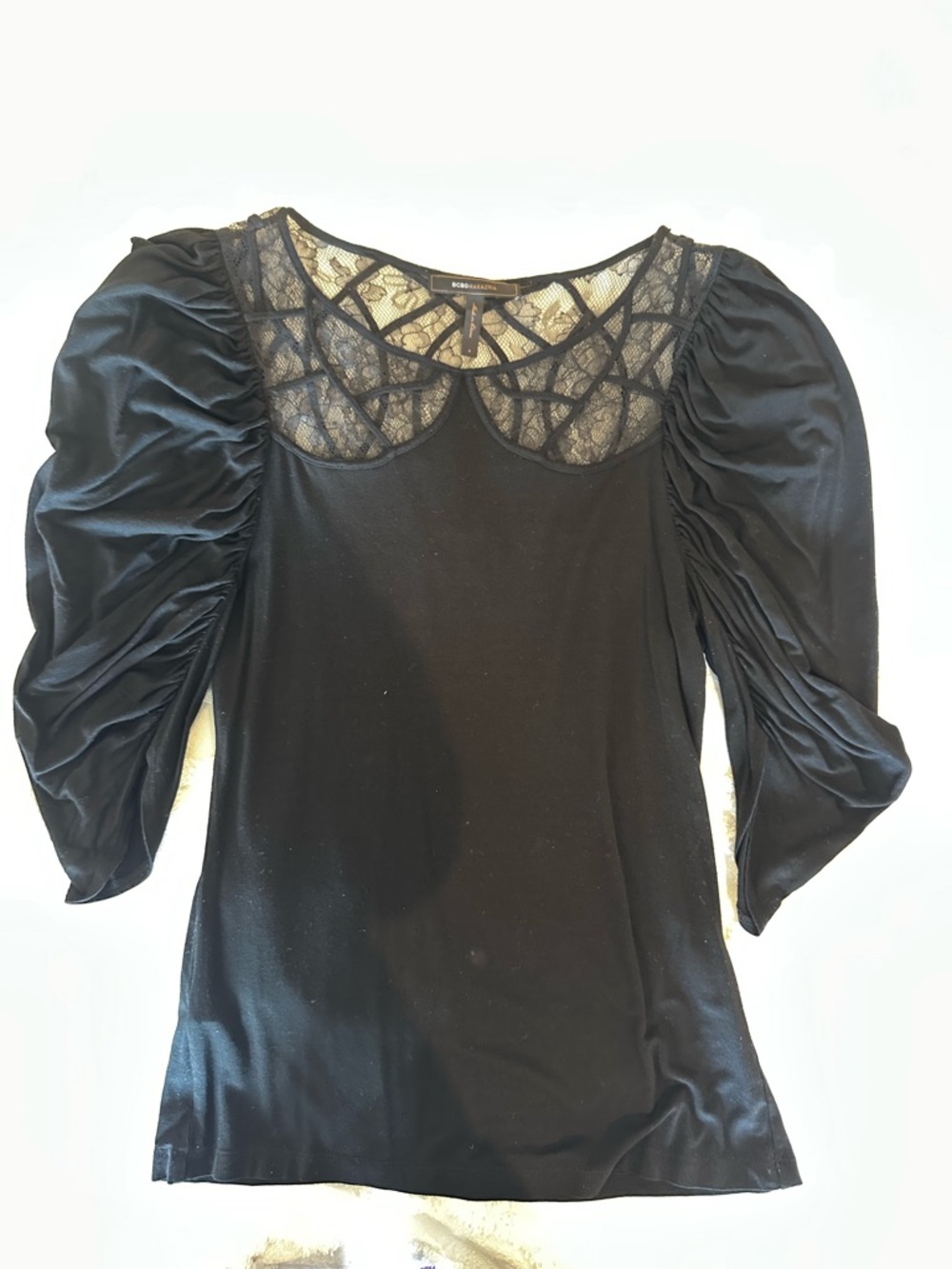 BCBGMaxAzria Black Lace Yoke Puff-Sleeve Blouse